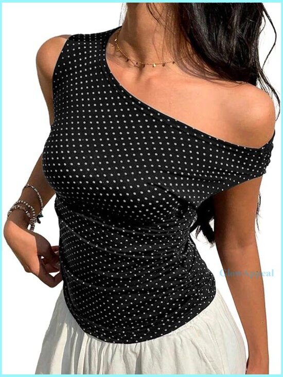 Tops - Off Shoulder Sleeveless Tank Top Ruched Slim Fit Polka Dot Y2K